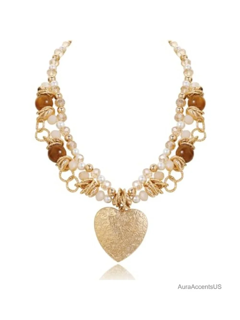 Retro Layered Heart Pendant Necklace, Acrylic & Glass Beads, Lobster Clasp